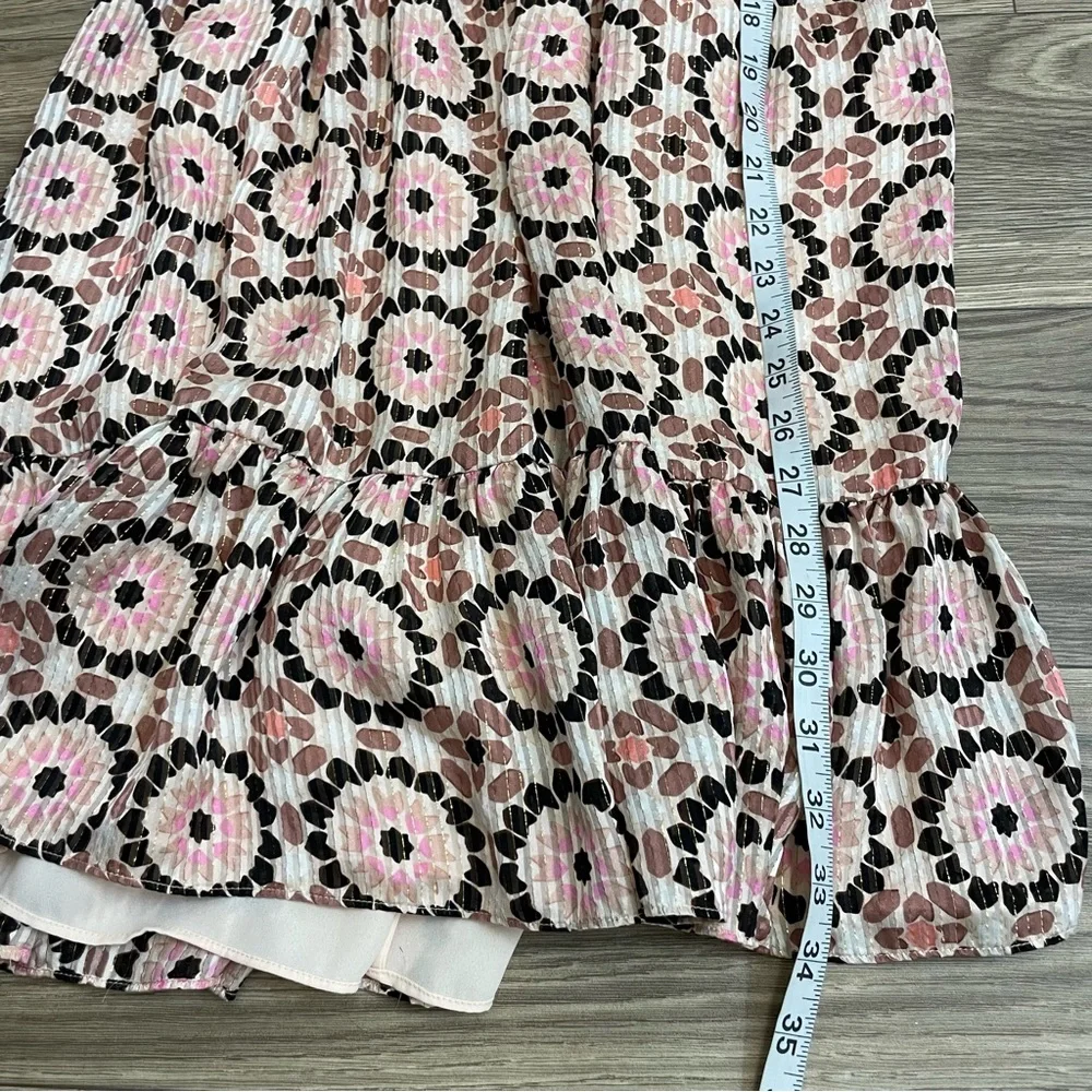 Kate Spade Pink By the Pool Mosaic Floral Print Metallic Stripe Ruffle Dress